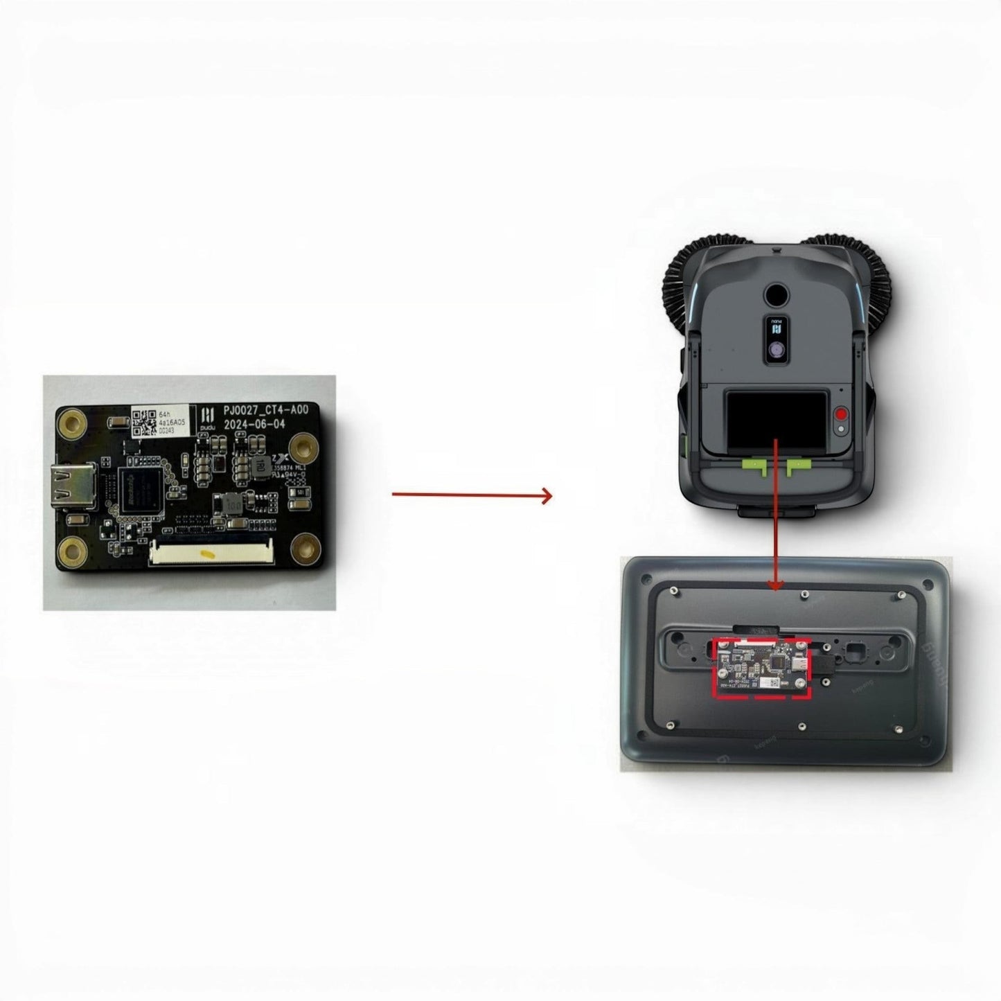 MT1 CT4 Steuerplatine, eine kleine schwarze Leiterplatte mit USB-Anschluss und Anschlüssen für den PUDU MT1 Reinigungsroboter.