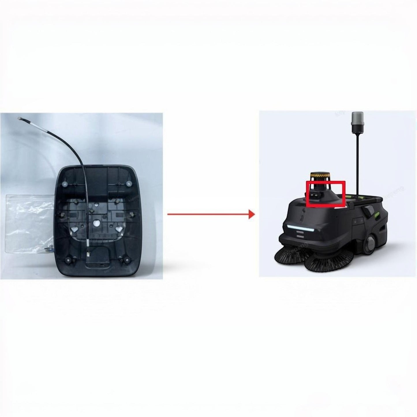 MT1 Max 3D LiDAR unteres Gehäuse aus schwarzem Kunststoff, Teil eines Reinigungsroboters.