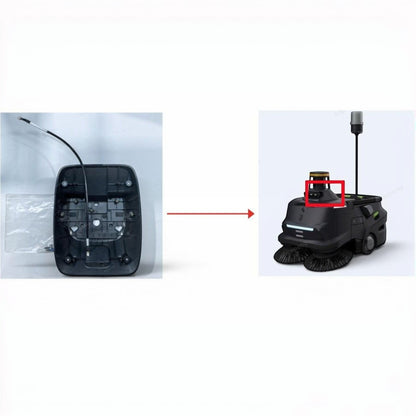 MT1 Max 3D LiDAR unteres Gehäuse aus schwarzem Kunststoff, Teil eines Reinigungsroboters.