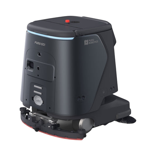 Pudu CC1 professioneller Reinigungsroboter in Schwarz mit 4-in-1 Funktion: Scheuern, Saugen, Kehren und Wischen.