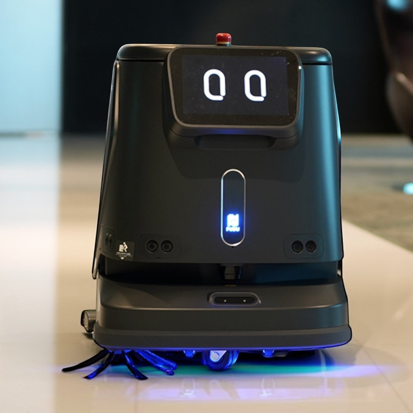 Pudu CC1 professioneller Reinigungsroboter in Schwarz mit 4-in-1 Funktion: Scheuern, Saugen, Kehren und Wischen.
