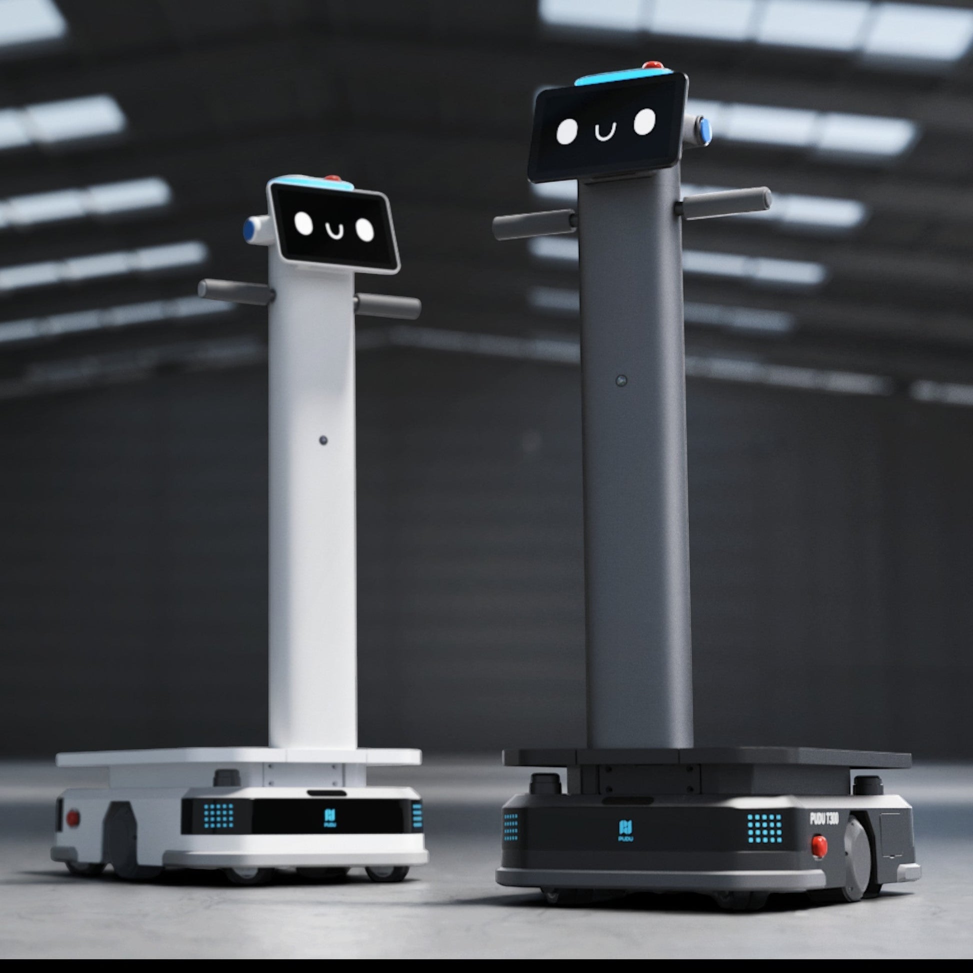 PUDU T300 schwarzer Lieferroboter mit Touchscreen und Ladefläche für Industrie und Handel